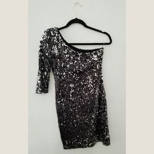 Black One-Shoulder Sequin Cocktail Mini Dress